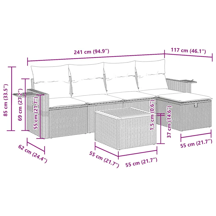 Salon de jardin 6 pcs avec coussins gris résine tressée - 13