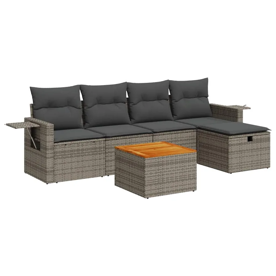 Salon de jardin 6 pcs avec coussins gris résine tressée - 2