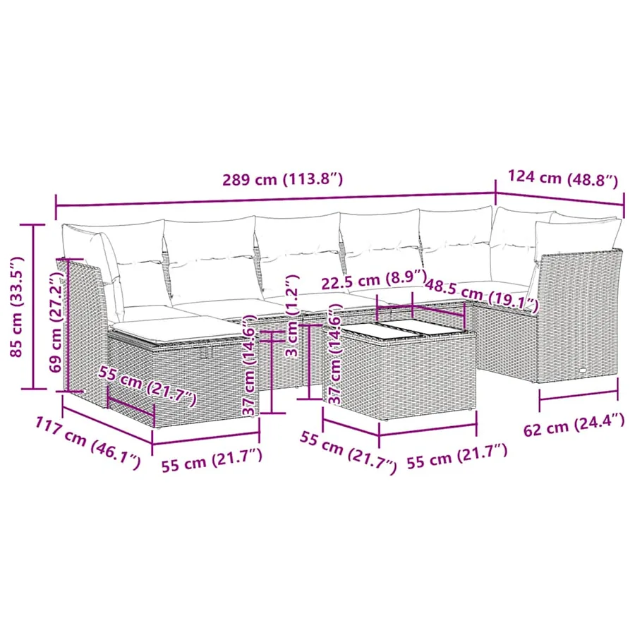 Salon de jardin 8 pcs avec coussins gris résine tressée - 13