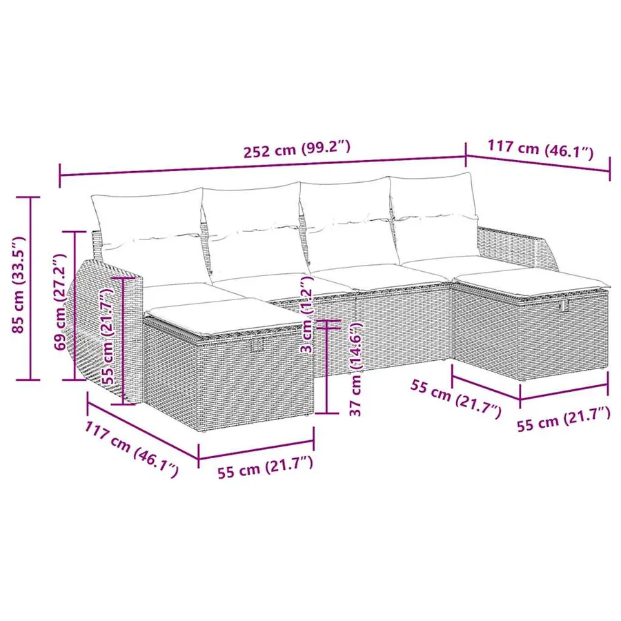 Salon de jardin 6 pcs avec coussins gris résine tressée - 12