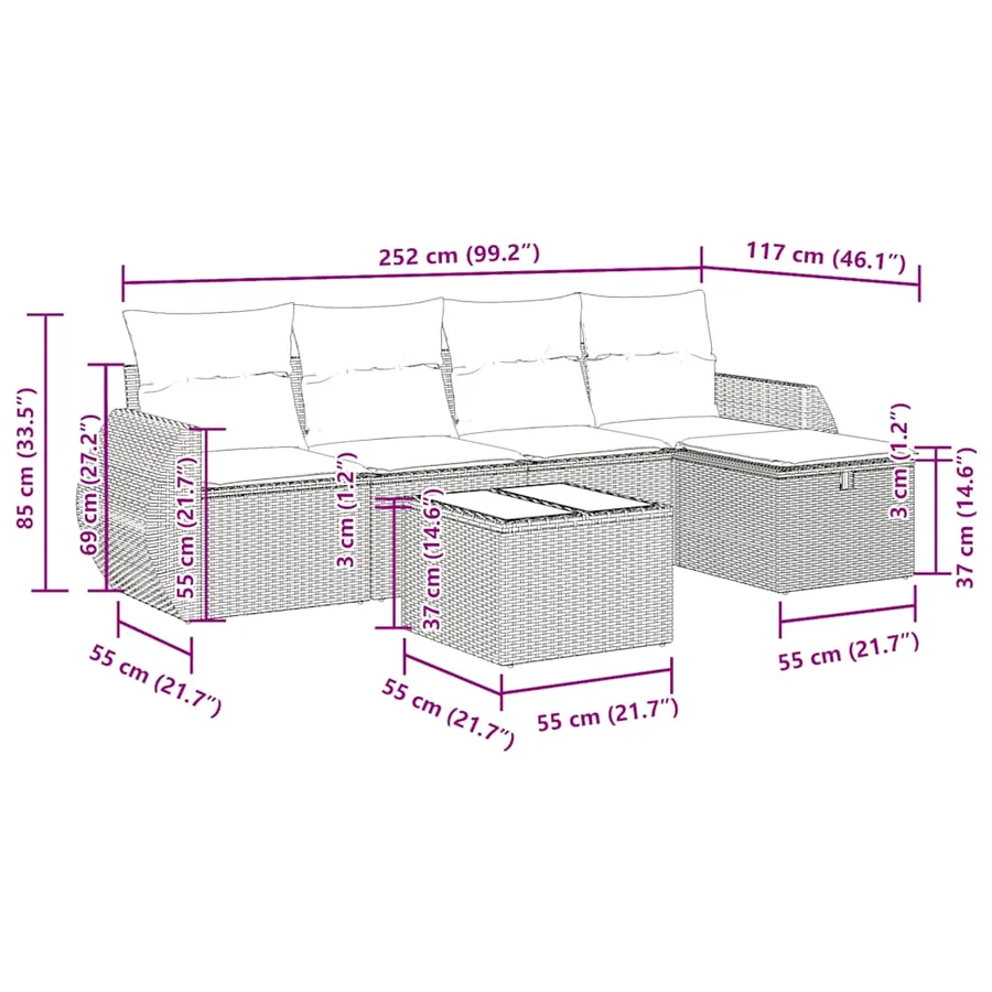 Salon de jardin 6 pcs avec coussins gris résine tressée - 12