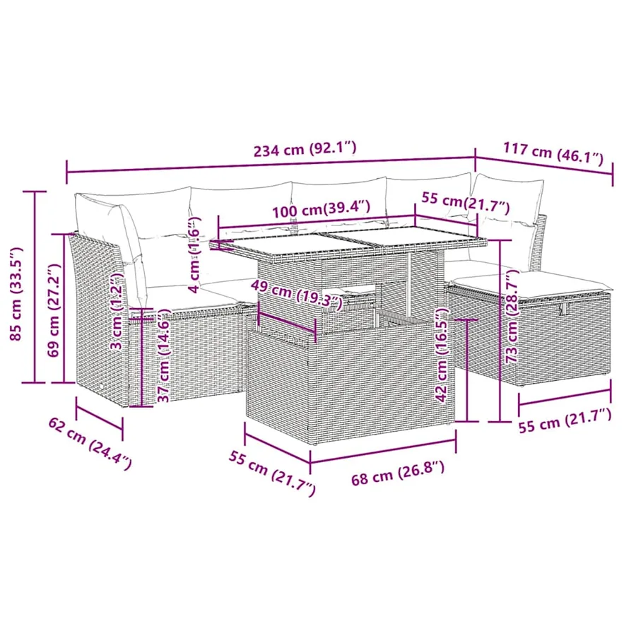 Salon de jardin 6 pcs avec coussins gris résine tressée - 11