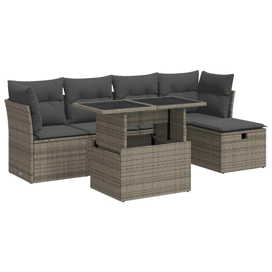 Salon de jardin 6 pcs avec coussins gris résine tressée - 2
