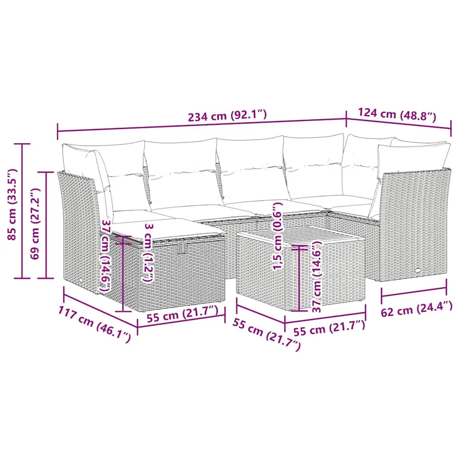 Salon de jardin avec coussins 7 pcs gris résine tressée - 12