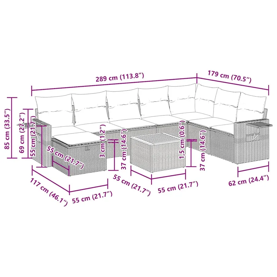 Salon de jardin 9 pcs avec coussins gris résine tressée - 16