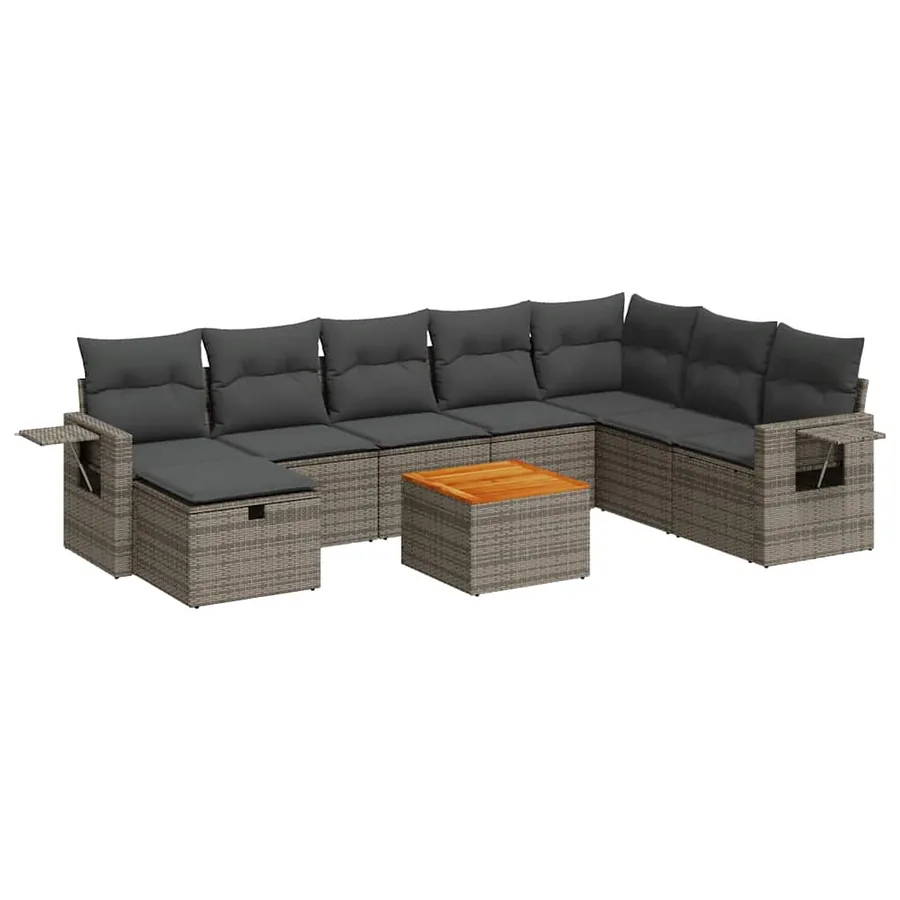 Salon de jardin 9 pcs avec coussins gris résine tressée - 2