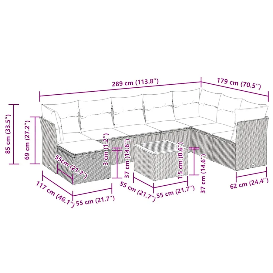 Salon de jardin 9 pcs avec coussins gris résine tressée - 12