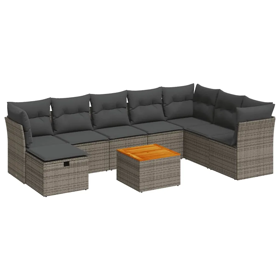 Salon de jardin 9 pcs avec coussins gris résine tressée - 2