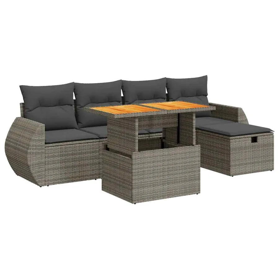 Salon de jardin avec coussins 6 pcs gris résine tressée acacia - 2