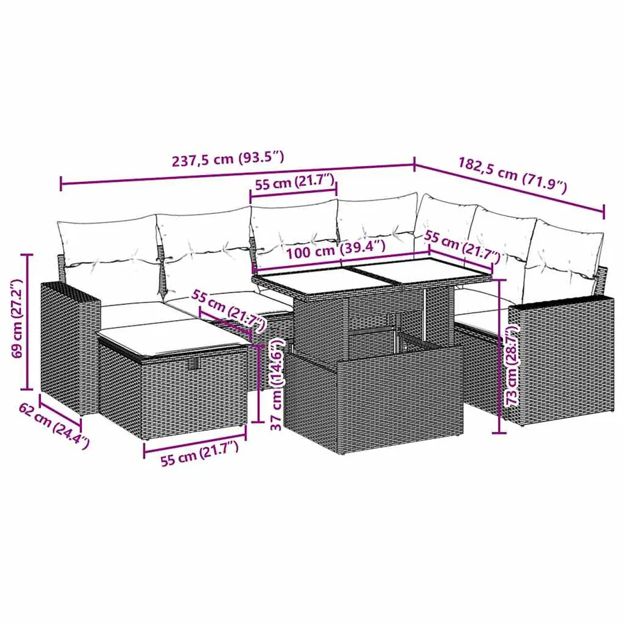 Salon de jardin avec coussins 8 pcs beige résine tressée - 13