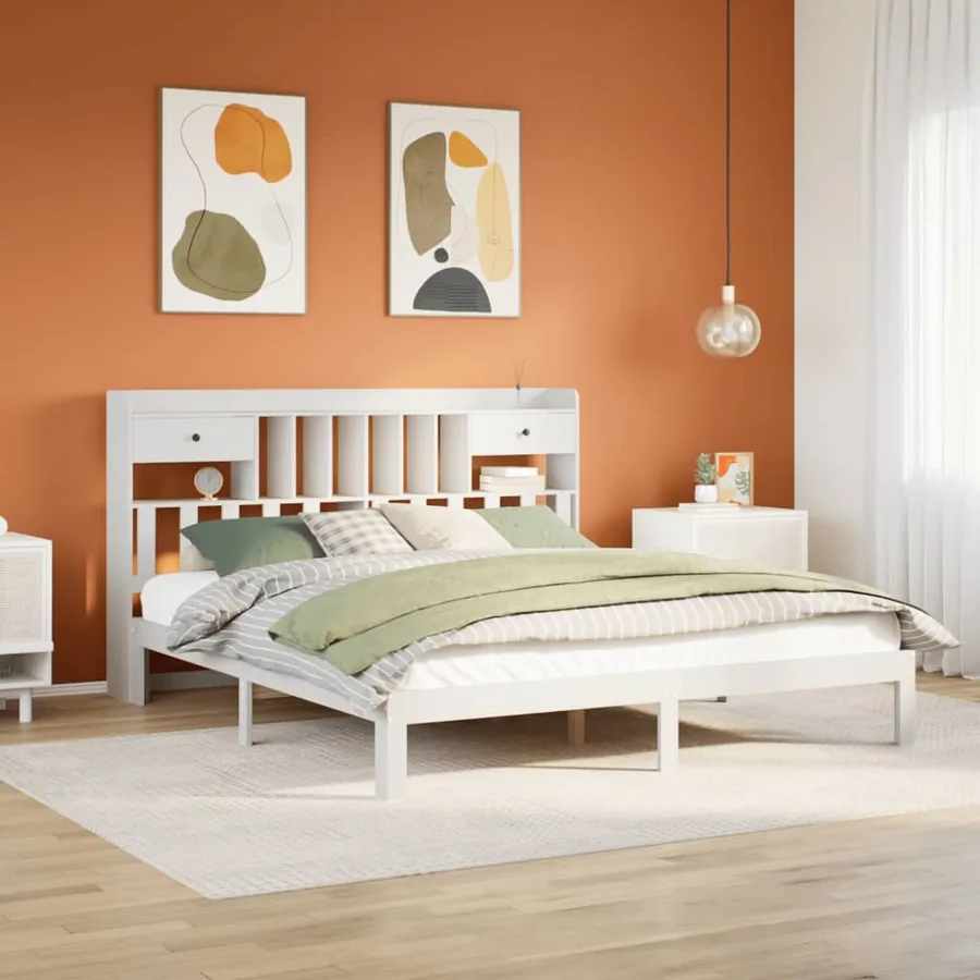 Lit bibliothèque sans matelas blanc 180x200 cm bois pin massif