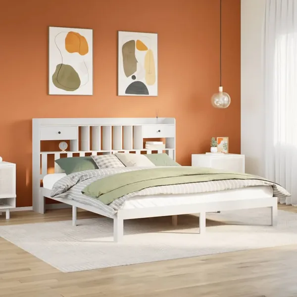 Lit bibliothèque sans matelas blanc 180x200 cm bois pin massif