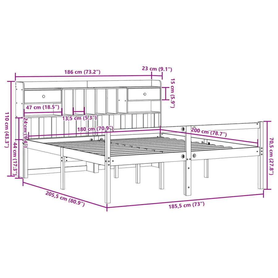 Lit bibliothèque sans matelas 180x200 cm bois massif de pin - 11