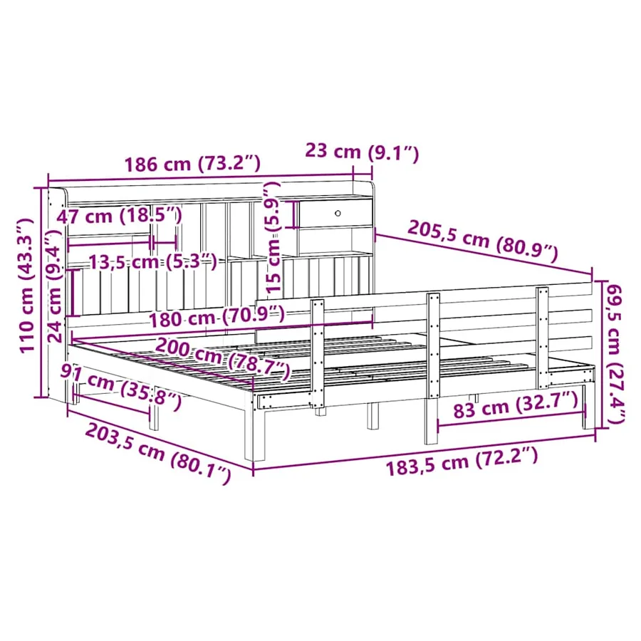 Lit bibliothèque sans matelas 180x200 cm bois massif de pin - 11