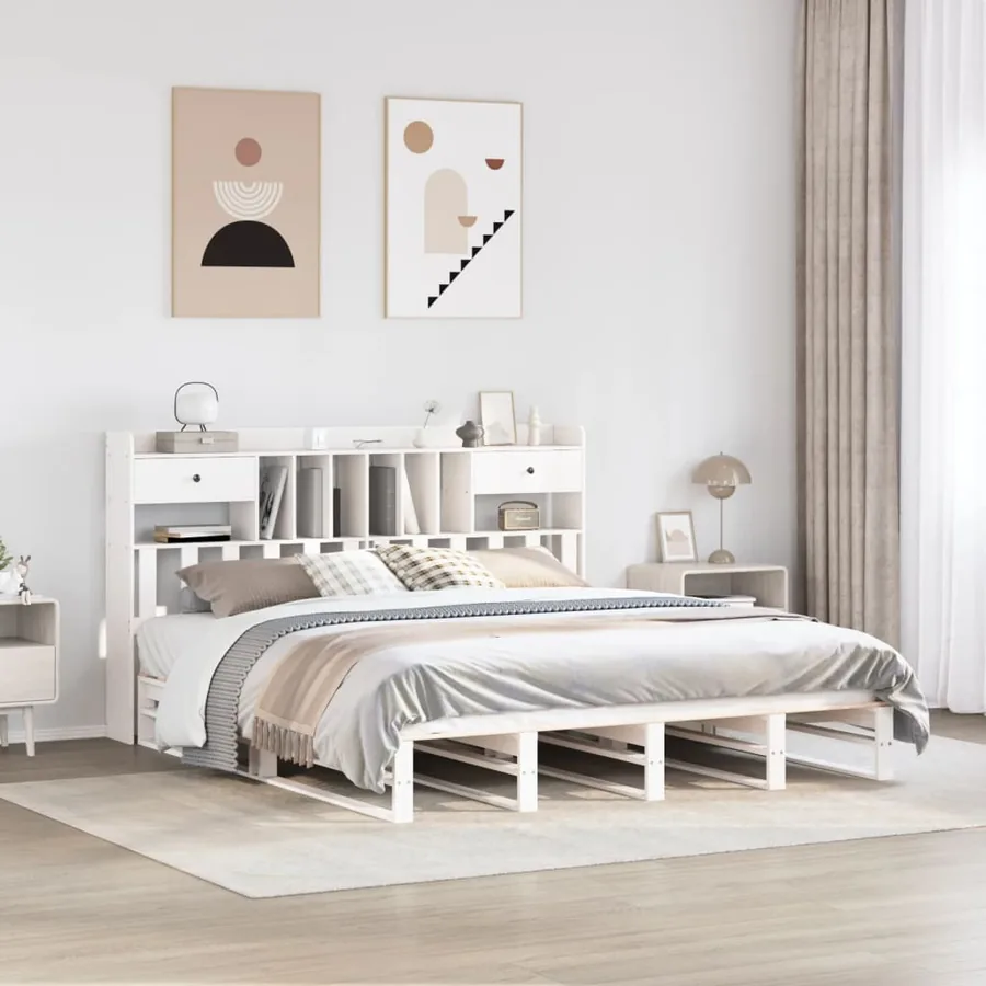Lit bibliothèque sans matelas blanc 180x200 cm bois pin massif