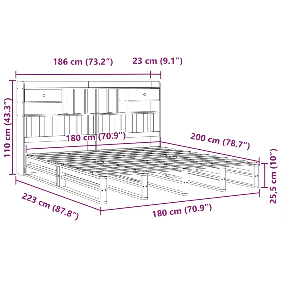 Lit bibliothèque sans matelas blanc 180x200 cm bois pin massif - 12