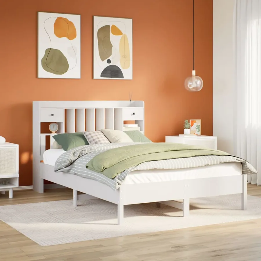 Lit bibliothèque sans matelas blanc 150x200 cm bois pin massif