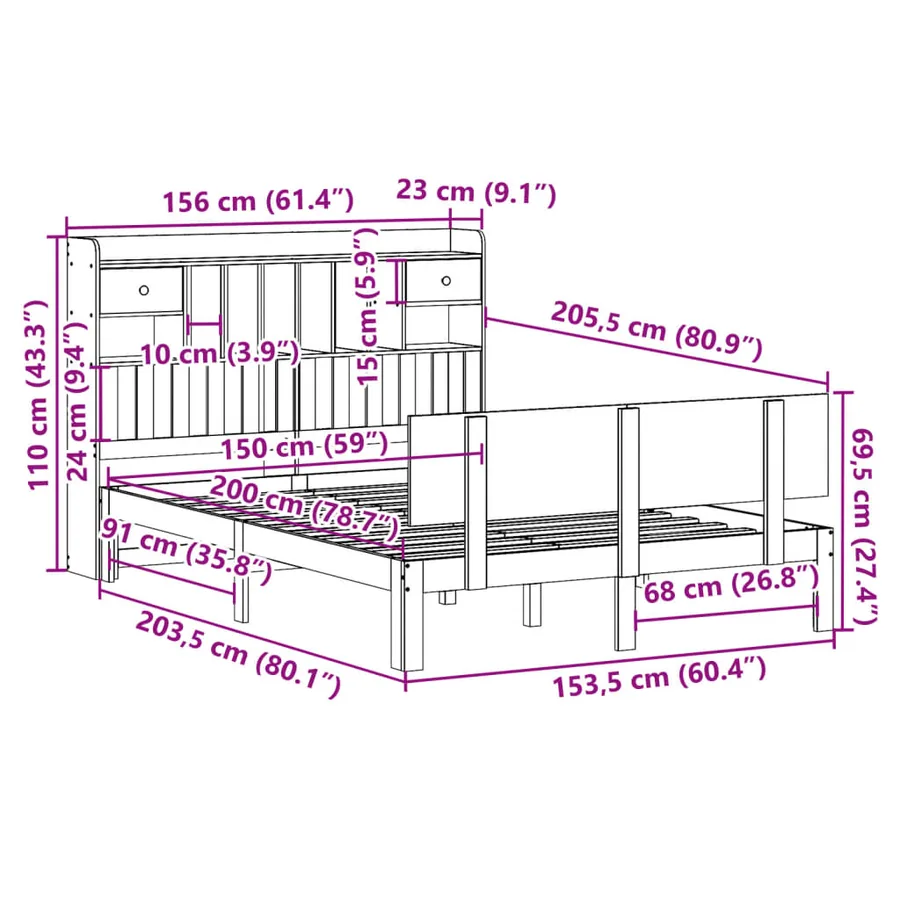 Lit bibliothèque sans matelas blanc 150x200 cm bois pin massif - 11
