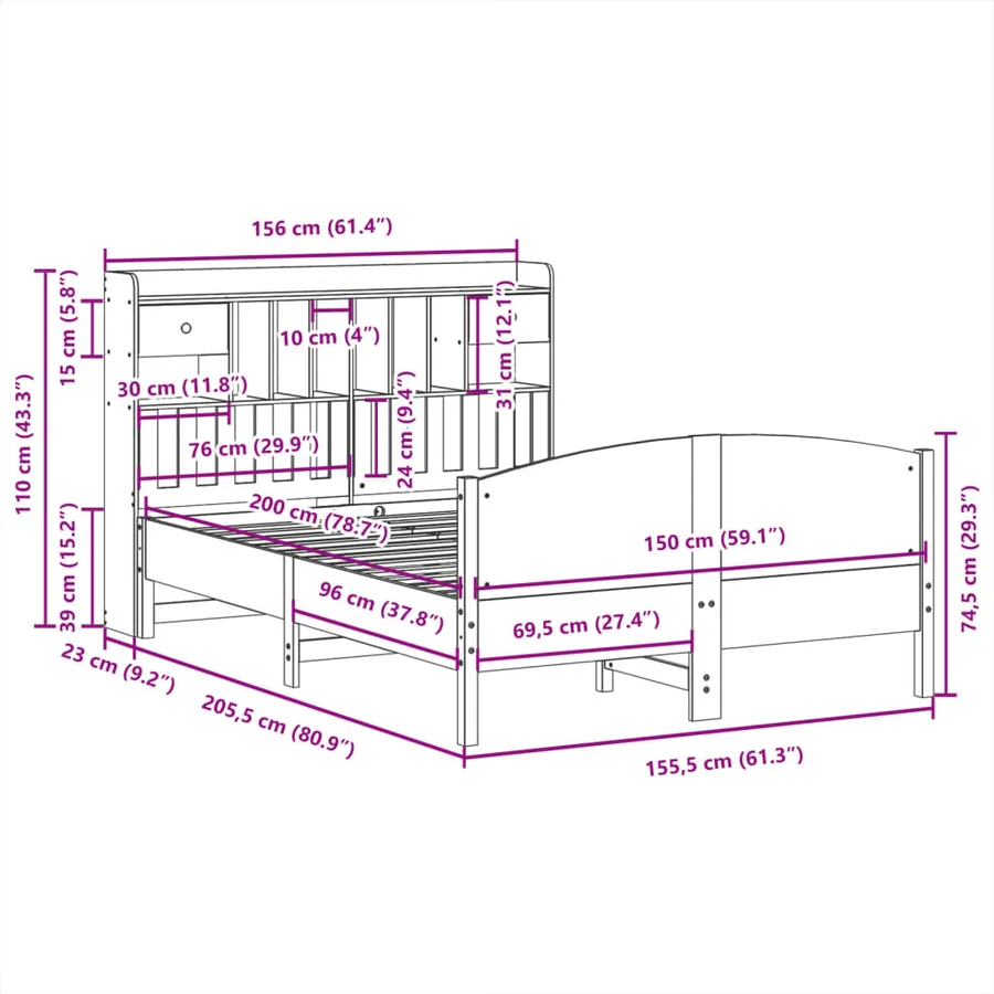 Lit bibliothèque sans matelas blanc 150x200 cm bois pin massif - 11