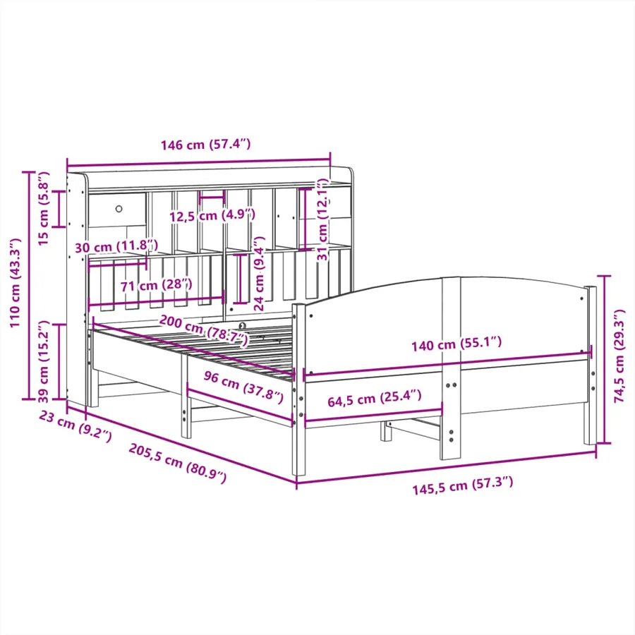 Lit bibliothèque sans matelas 140x200 cm bois massif de pin - 11