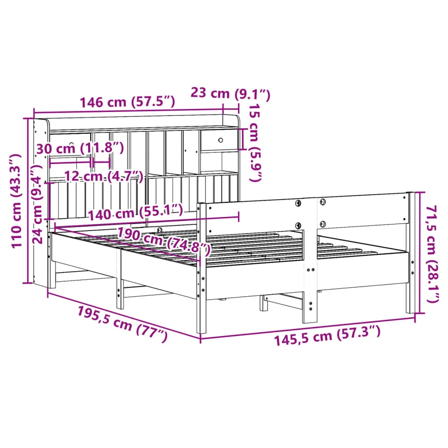 Lit bibliothèque sans matelas 140x190 cm bois de pin massif - 11