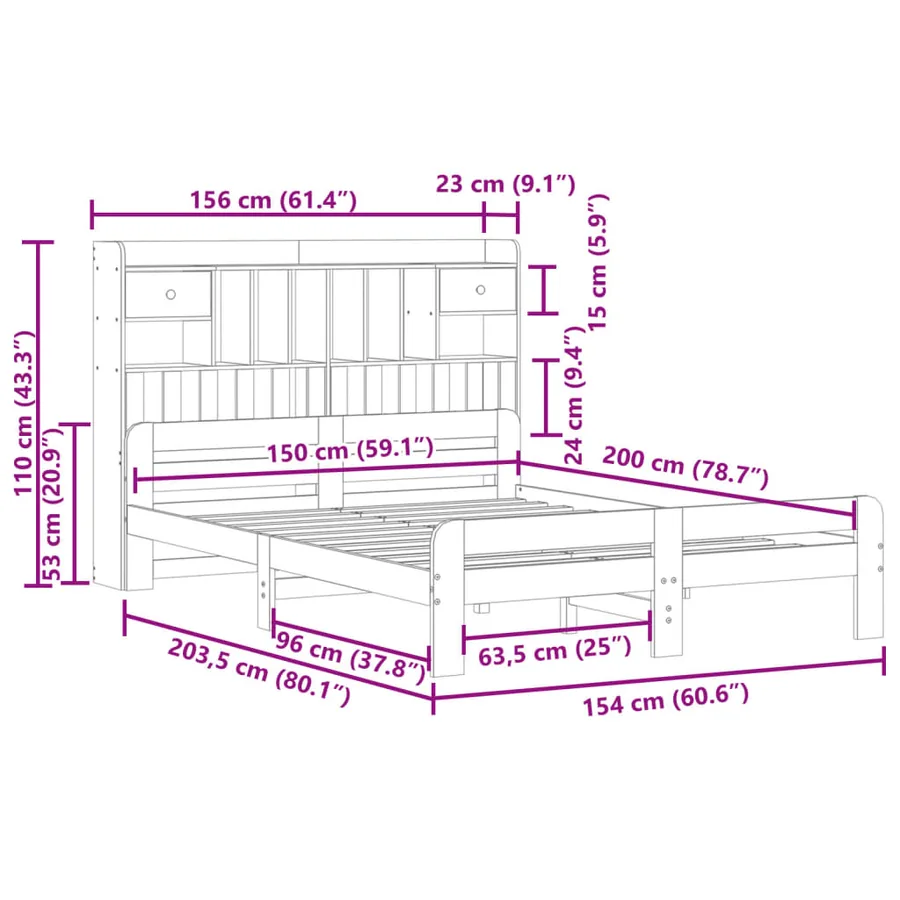 Lit bibliothèque sans matelas blanc 150x200 cm bois pin massif - 11