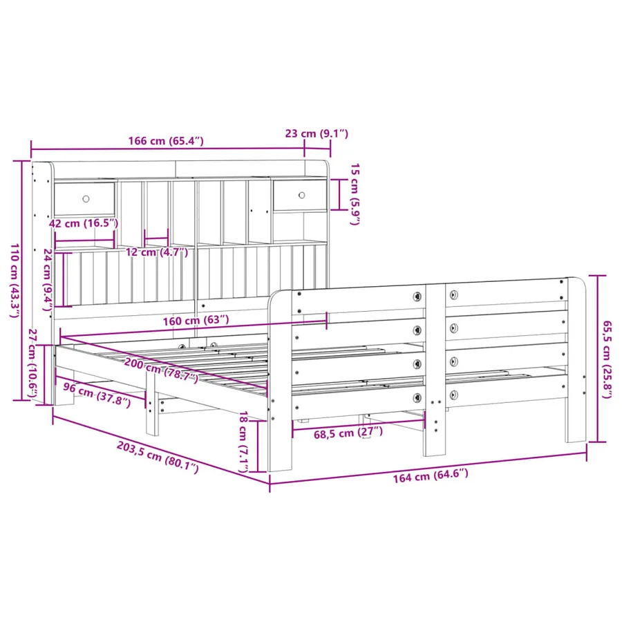Lit bibliothèque sans matelas blanc 160x200 cm bois pin massif - 11