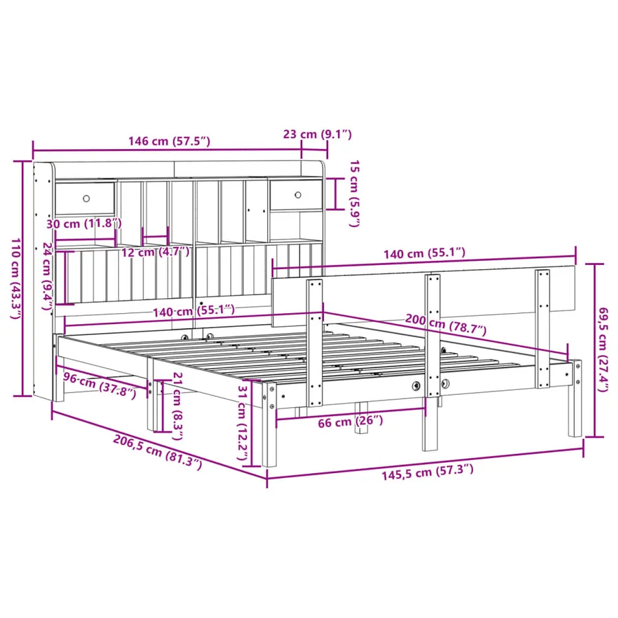 Lit bibliothèque sans matelas 140x200 cm bois massif de pin - 11