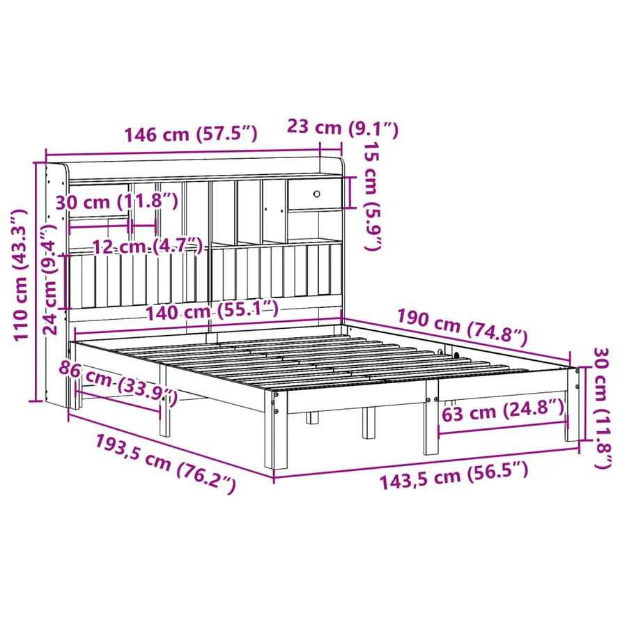 Lit bibliothèque sans matelas 140x190 cm bois de pin massif - 11
