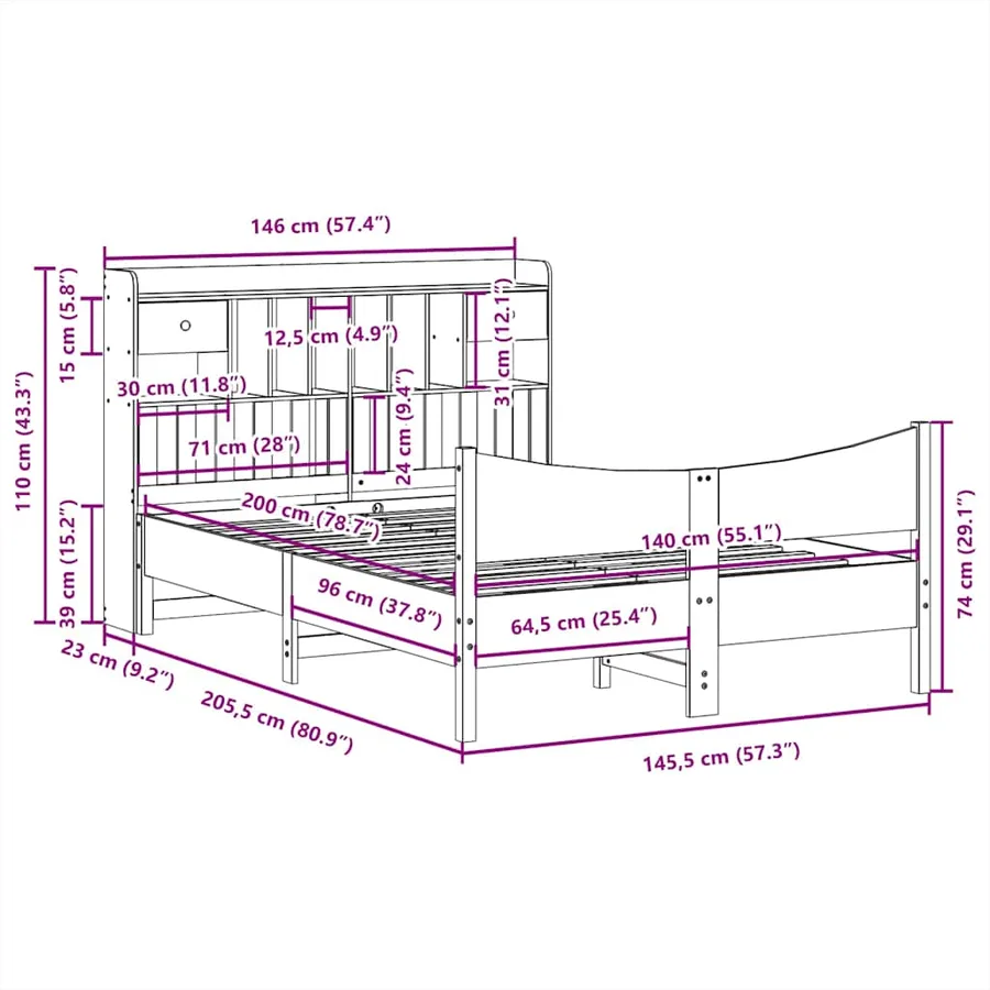 Cadre de lit sans matelas 140x200 cm bois massif de pin - 11