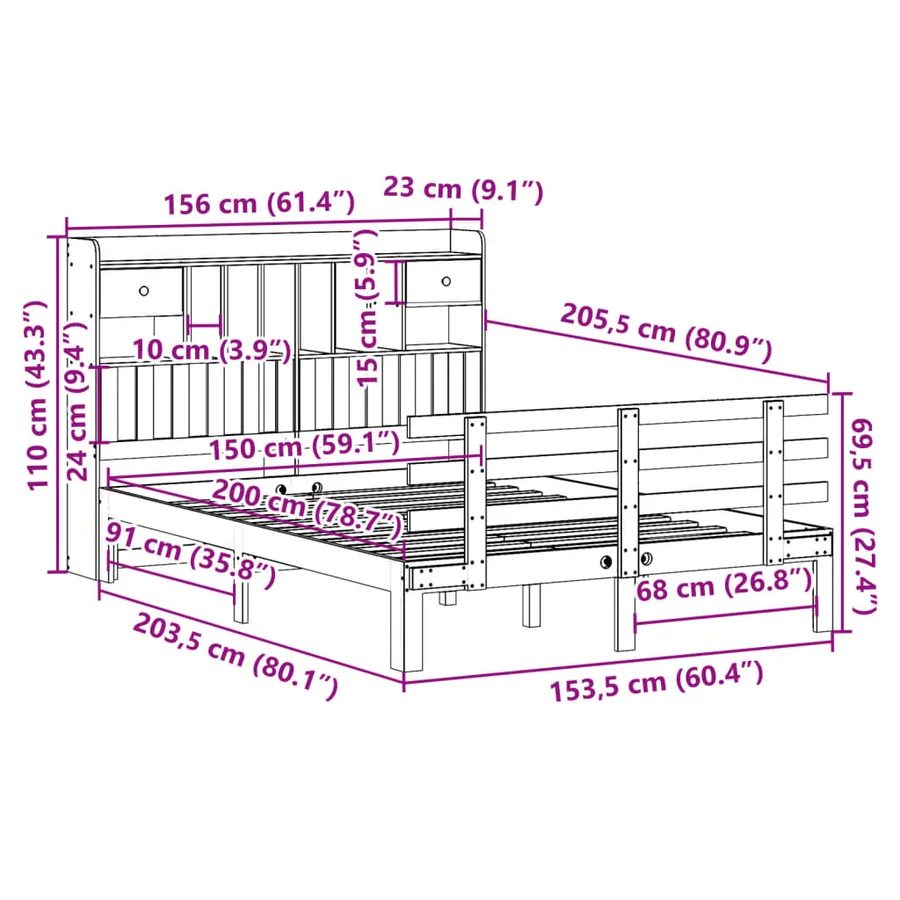 Lit bibliothèque sans matelas blanc 150x200 cm bois pin massif - 11