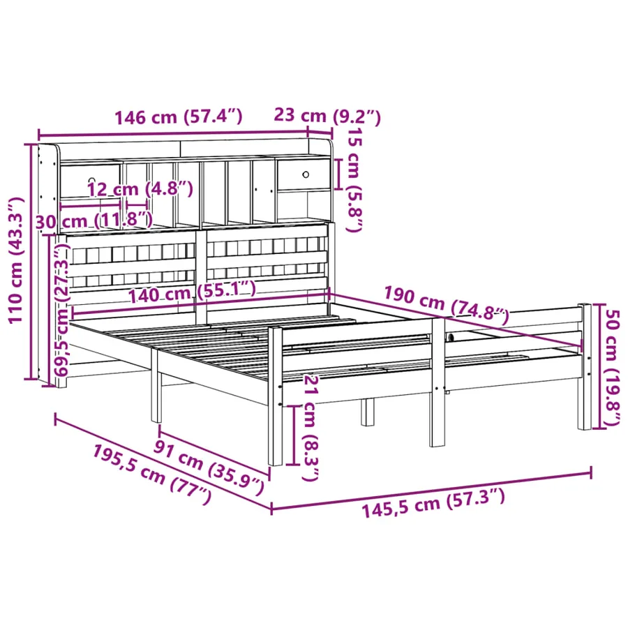 Lit bibliothèque sans matelas 140x190 cm bois de pin massif - 11