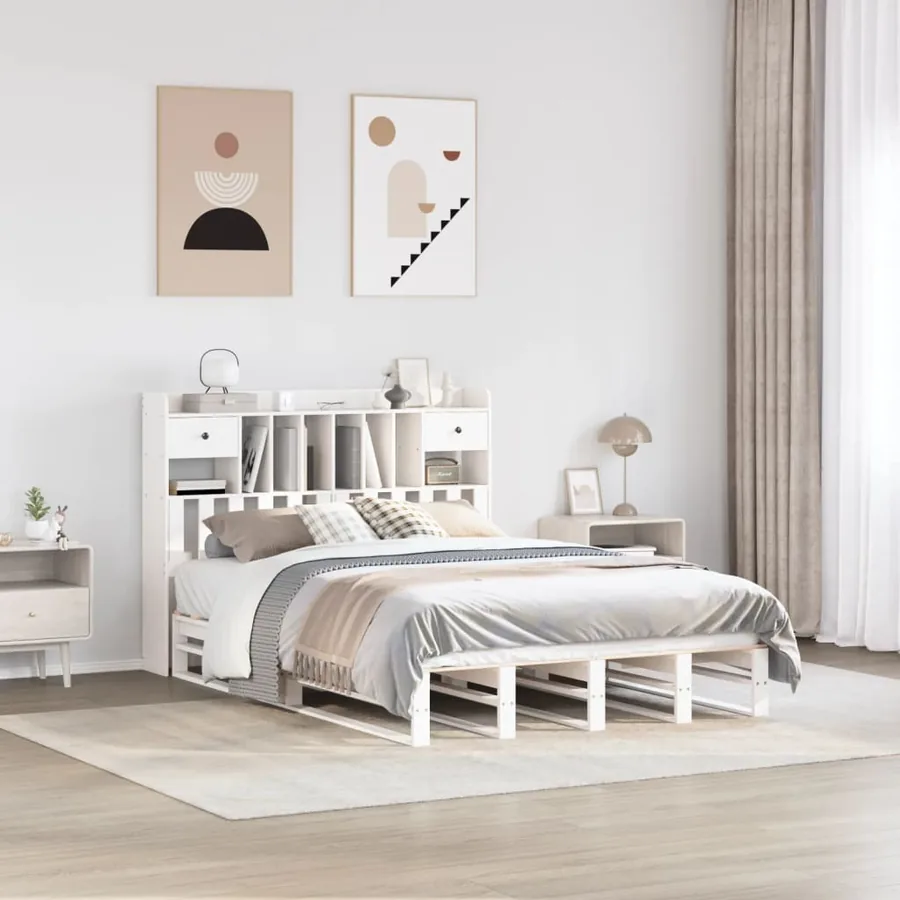 Lit bibliothèque sans matelas blanc 140x200 cm bois pin massif