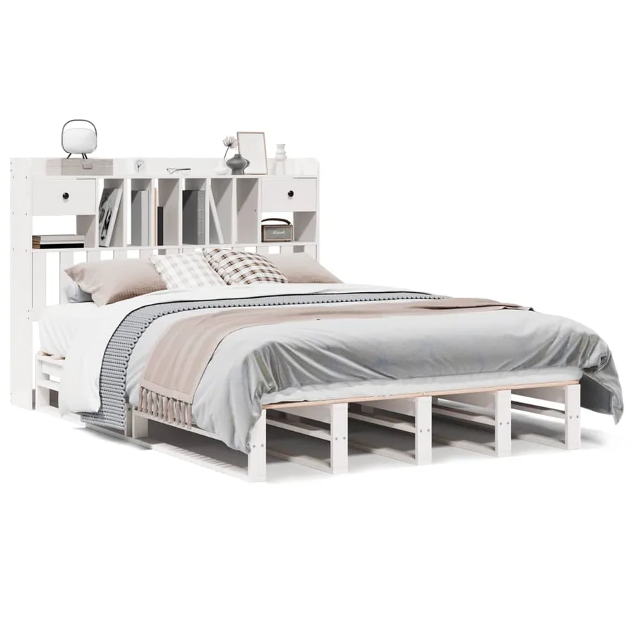 Lit bibliothèque sans matelas blanc 140x200 cm bois pin massif - 2