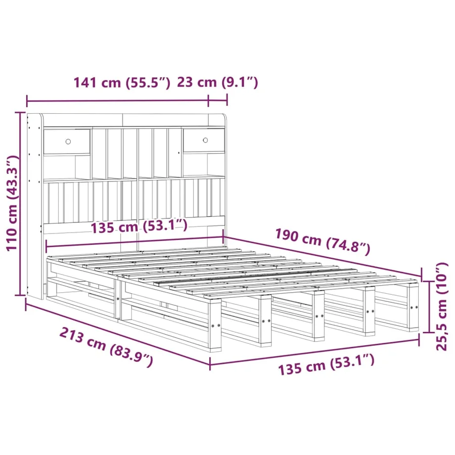 Lit bibliothèque sans matelas 135x190 cm bois de pin massif - 12