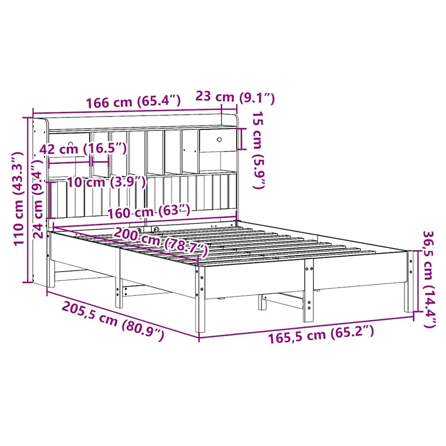 Lit bibliothèque sans matelas cire marron 160x200 cm pin massif - 11
