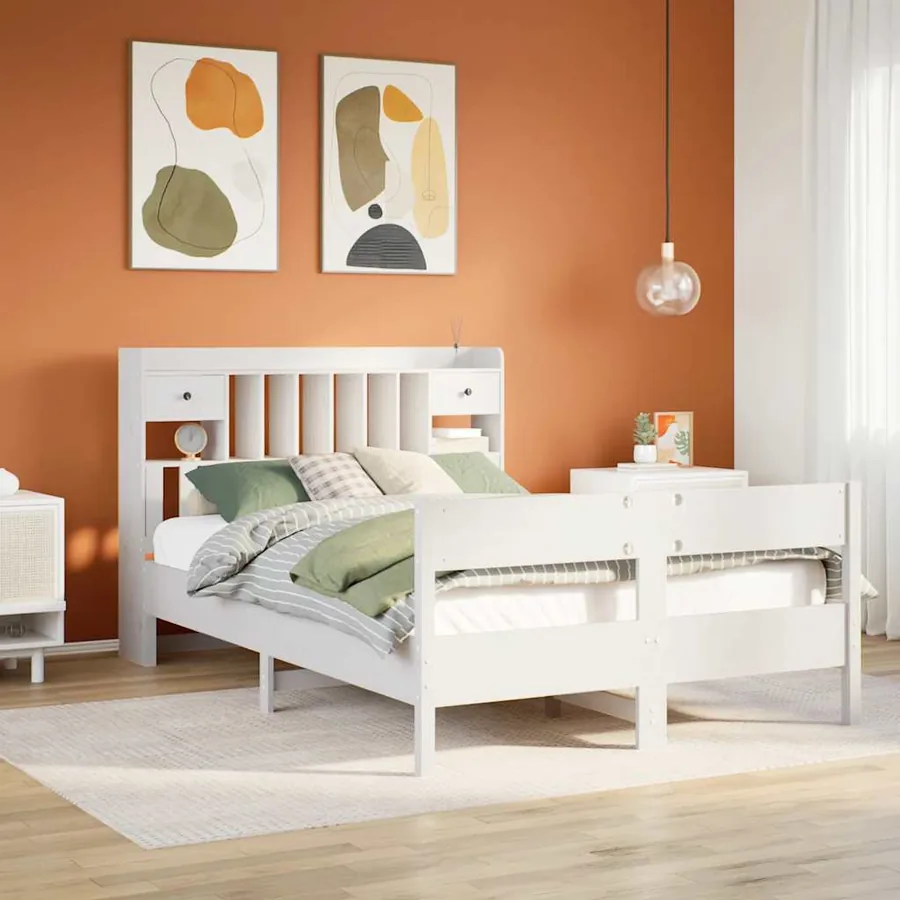 Lit bibliothèque sans matelas blanc 140x200 cm bois pin massif