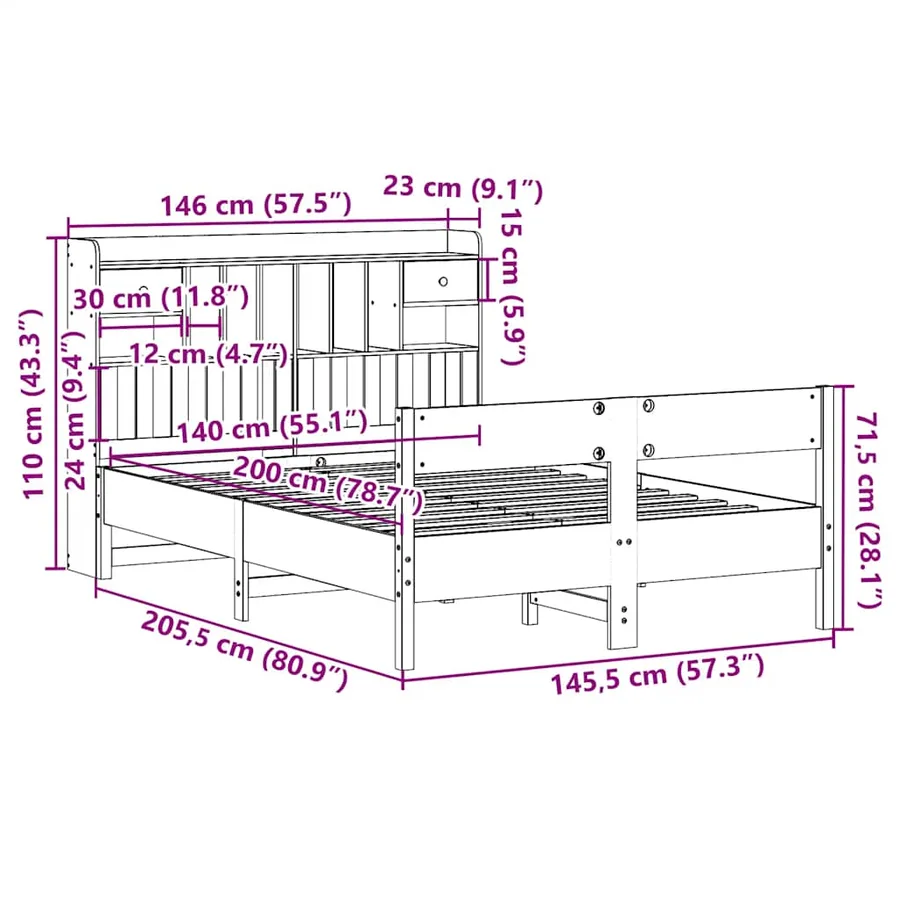 Lit bibliothèque sans matelas blanc 140x200 cm bois pin massif - 11