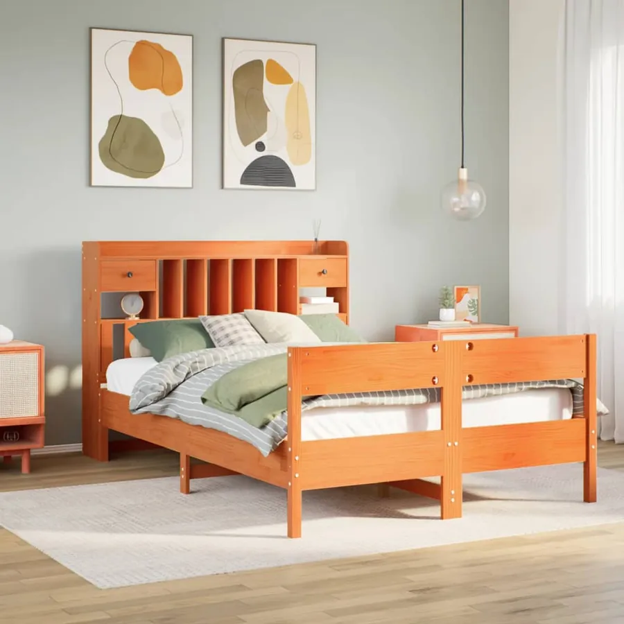 Lit bibliothèque sans matelas cire marron 150x200 cm pin massif
