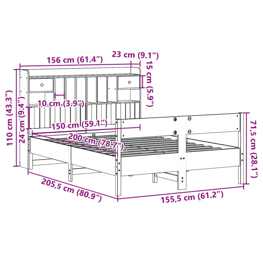 Lit bibliothèque sans matelas cire marron 150x200 cm pin massif - 11