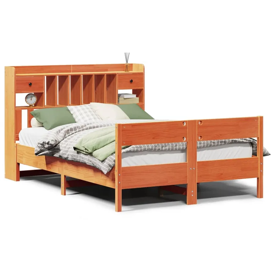 Lit bibliothèque sans matelas cire marron 150x200 cm pin massif - 2