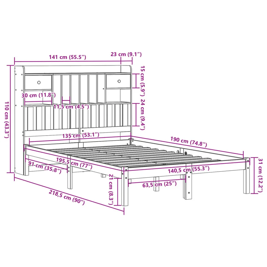 Lit bibliothèque sans matelas 135x190 cm bois de pin massif - 11