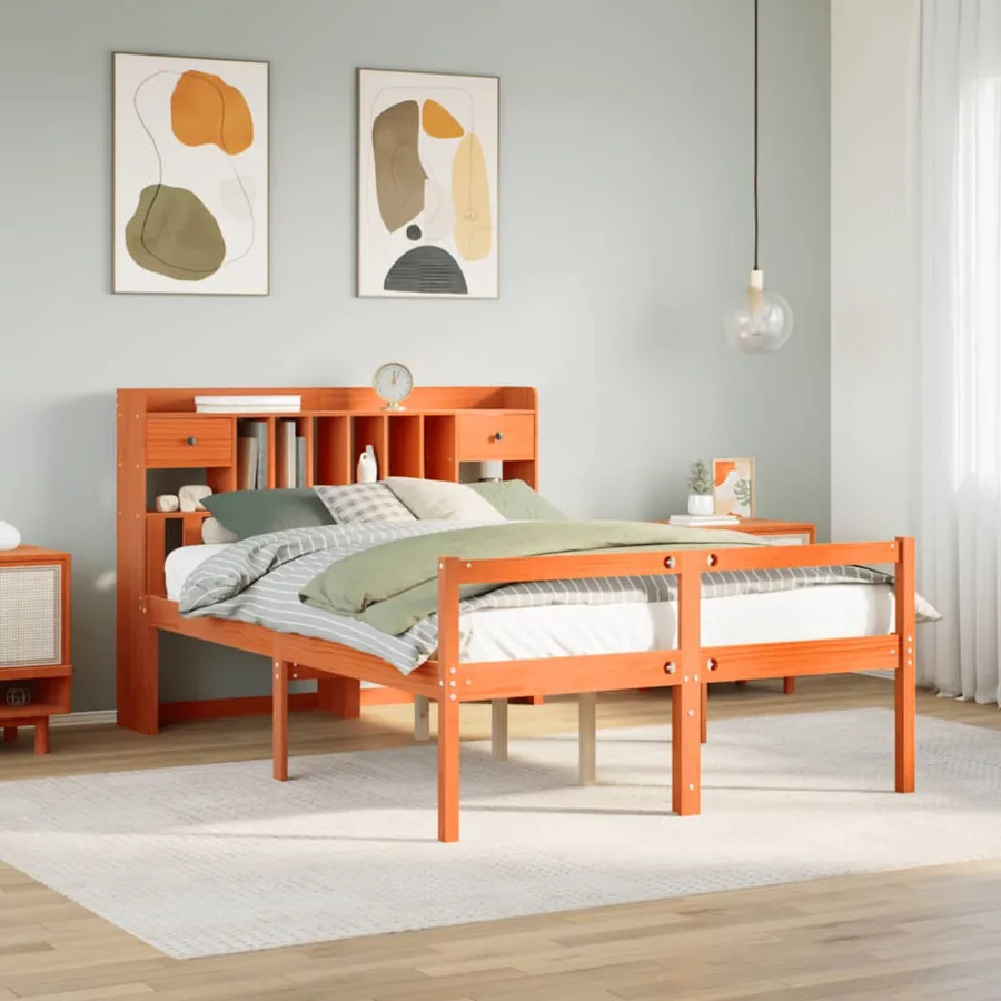 Lit bibliothèque sans matelas cire marron 160x200 cm pin massif