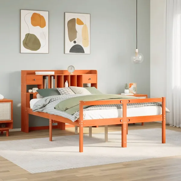 Lit bibliothèque sans matelas cire marron 160x200 cm pin massif
