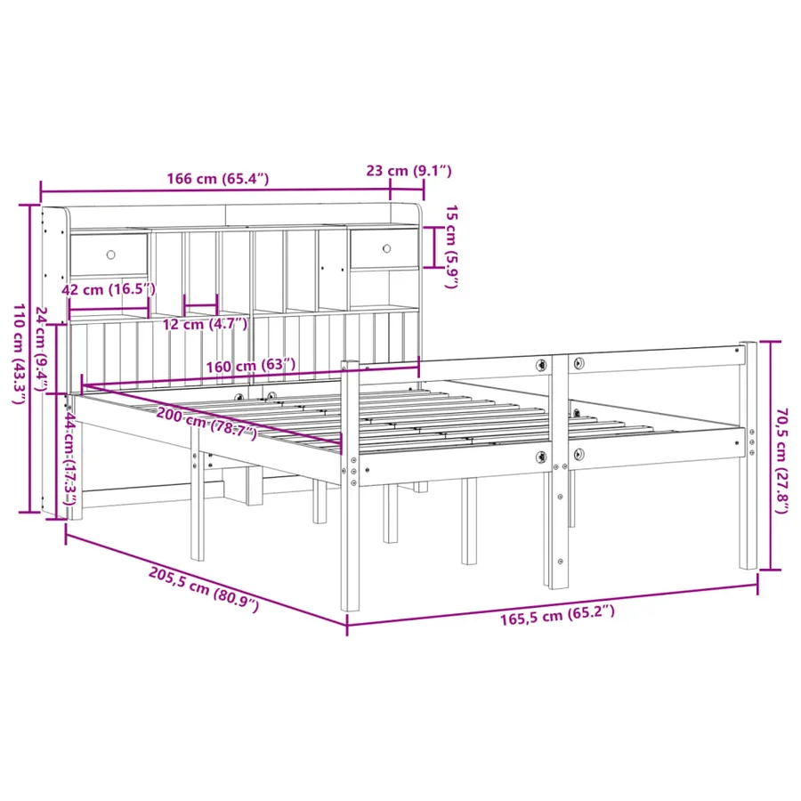 Lit bibliothèque sans matelas cire marron 160x200 cm pin massif - 11