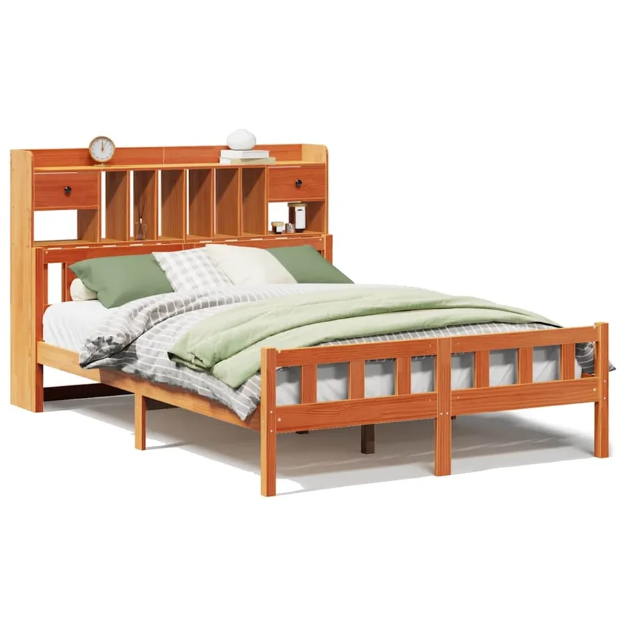 Lit bibliothèque sans matelas cire marron 150x200 cm pin massif - 2