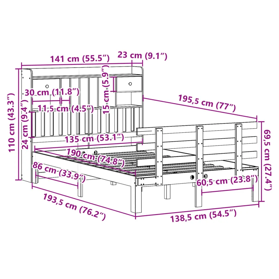 Lit bibliothèque sans matelas 135x190 cm bois de pin massif - 11