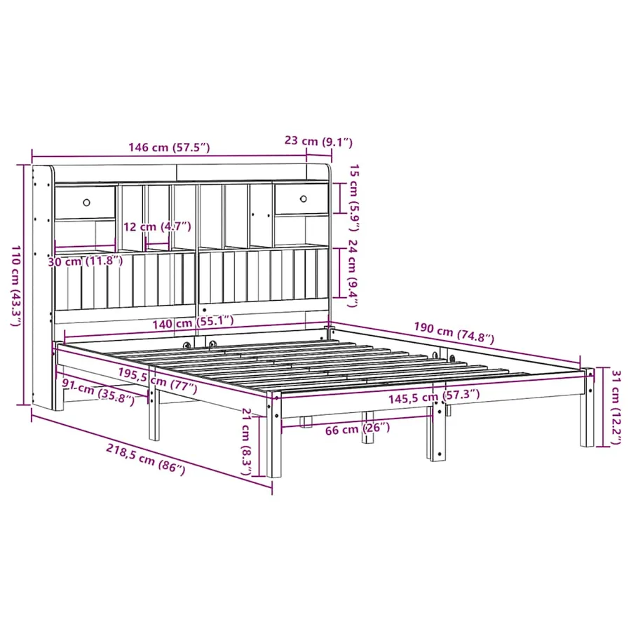 Lit bibliothèque sans matelas cire marron 140x190 cm pin massif - 11