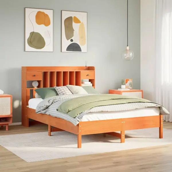 Lit bibliothèque sans matelas cire marron 140x200 cm pin massif
