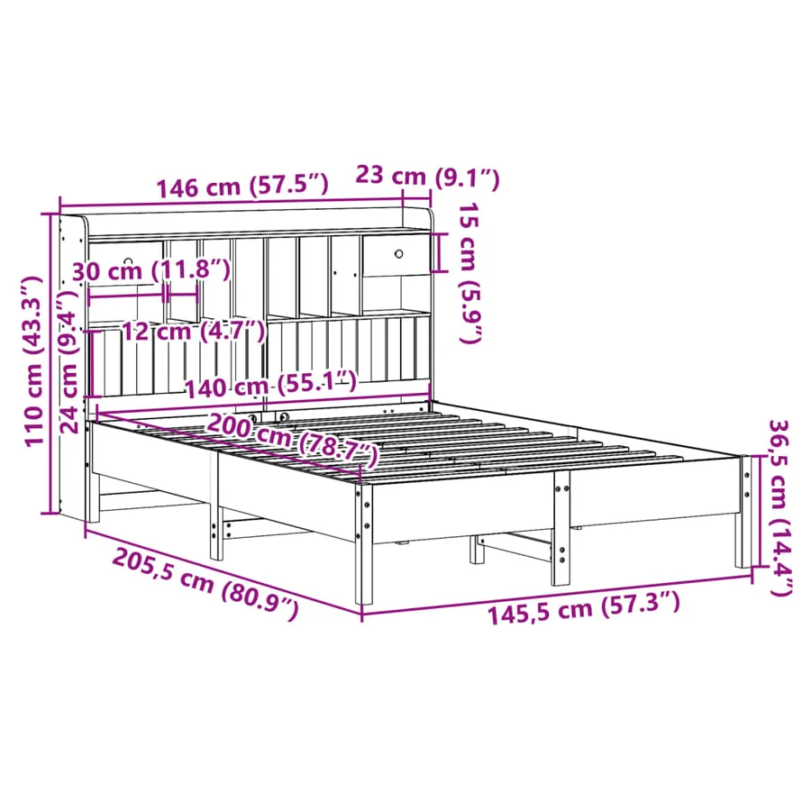 Lit bibliothèque sans matelas cire marron 140x200 cm pin massif - 11